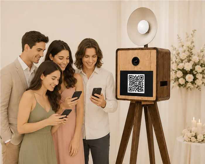 Гости открывают фотографии по QR-коду на телефонах